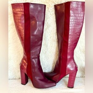 Burgundy Knee High Crocodile Design Boots